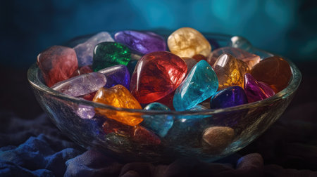 Collection of jewel-toned colored stones in a delicate glass bowl, their rich colors glowing under soft ambient lighting.の素材
