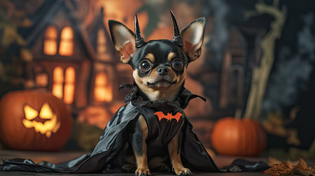 A small dog dressed in a scary demon costume, complete with horns and a flowing cape, standing proudly in front of a haunted house backdrop.の素材