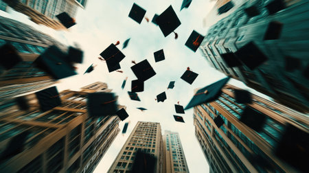College graduates captured in motion, with caps flying through the air and a background of tall university buildings.の素材