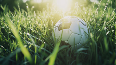 Close-up of a soccer ball nestled in tall grass, sunlight creating patterns on the ball's surface, adding depth to the scene.の素材