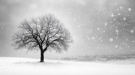 A lone tree in a vast snow-covered landscape, its branches dusted with snowflakes, evoking a sense of tranquility and winter wonder.の素材