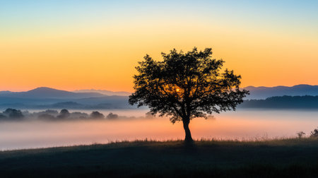 A solitary tree silhouetted against a colorful sunrise, with mist rolling through a lush valley, capturing the essence of early morning tranquility.の素材