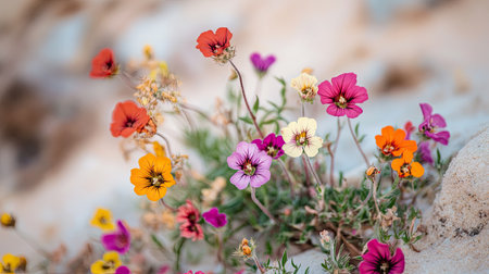 A close-up shot of colorful desert wildflowers blooming amid the sand, showcasing the beauty and resilience of life in arid conditions.の素材