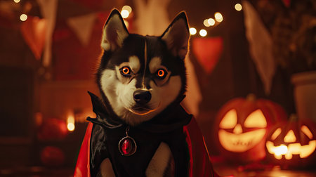 Cute husky in a Dracula costume, posing for the camera with a mischievous look, set against a backdrop of Halloween-themed decorations.の素材