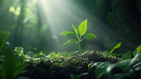 A delicate green plant emerging from rich, dark soil, bathed in soft sunlight filtering through leaves, showcasing the beauty of new growth.の素材