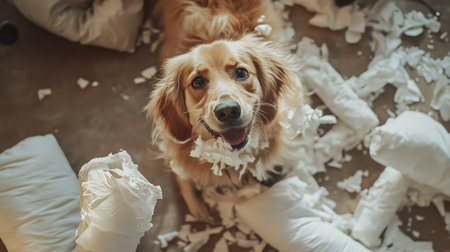 Candid shot of a dog caught in the act, pulling at a toilet paper roll with pillows shredded nearby, showing its playful side.の素材