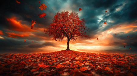 A lone tree with autumn leaves, set against a dramatic sky, surrounded by a blanket of fallen leaves, showcasing the beauty of nature.の素材