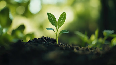 Close-up shot of a single green sprout breaking through soil, with a blurred background of lush vegetation highlighting its importance.の素材
