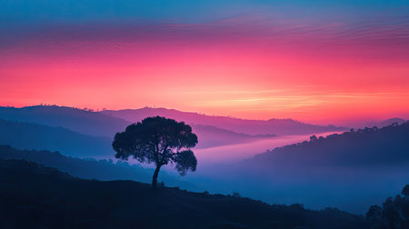 A solitary tree silhouetted against a colorful sunrise, with mist rolling through a lush valley, capturing the essence of early morning tranquility.の素材