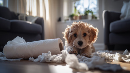 A curious puppy investigating a torn pillow and an unspooled toilet paper roll, with bits of fluff scattered around the living room.の素材