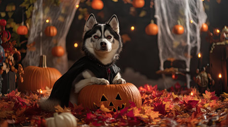 Cute husky in a Dracula outfit sitting on a pumpkin, surrounded by Halloween decorations, with autumn leaves and spooky props in the background.の素材