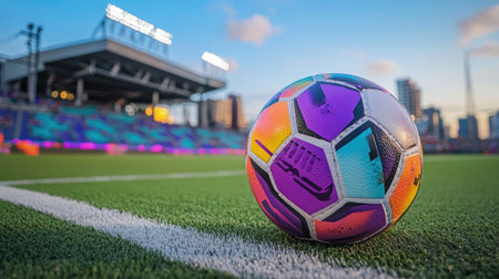A brightly colored soccer ball resting on a field, with a panoramic view of the stadium stands in the background, creating an exciting vibe.の素材