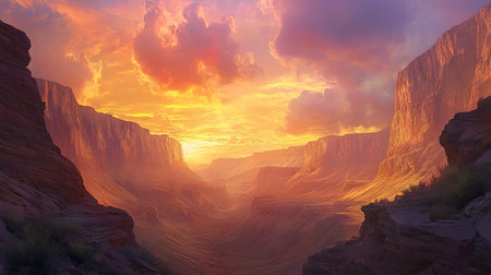 A dramatic sunset over a desert canyon, with vibrant colors reflecting off the rocky walls and casting deep shadows in the crevices.の素材