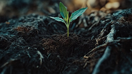 A close-up of a young plant breaking through the soil, surrounded by roots and earth, showcasing the hidden life beneath the surface.の素材
