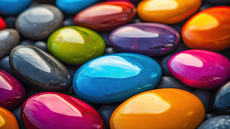 Close-up of smooth, glossy pebbles in bright, vivid colors arranged harmoniously in a balanced composition.の素材