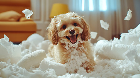 A fluffy dog happily playing in a sea of torn pillow stuffing and scattered toilet paper, with a bright, cheerful home setting in the background.の素材