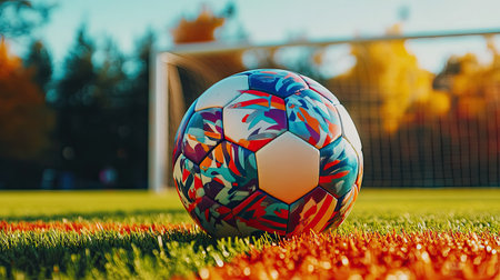 A colorful patterned soccer ball placed on vibrant grass, with a blurred goalpost in the background, ready for action.の素材