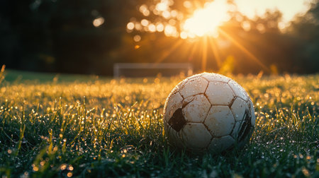 Close-up of a soccer ball on dew-kissed grass at dawn, with sunlight glistening on the droplets, creating a serene moment.の素材