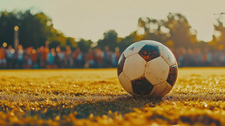 A soccer ball resting on a field just before a match, surrounded by cheering fans in the blurred background, creating an exciting atmosphere.の素材