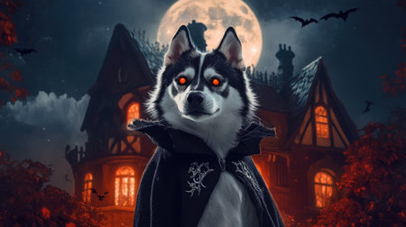 A fluffy husky in a Dracula costume standing in front of a haunted house, with a full moon and bats in the background, creating a spooky atmosphere.の素材