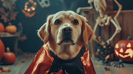 Cute dog wearing a demon cape and mask, surrounded by scary props like fake spiders and skeletons, showcasing the Halloween spirit.の素材