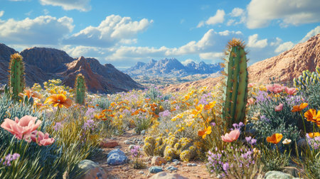 A close-up of unique desert flora, including cacti and wildflowers, set against a backdrop of rugged mountains and clear blue skies.の素材