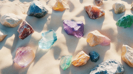 Beautifully textured colored stones scattered across the sand, with soft shadows enhancing their natural beauty.の素材
