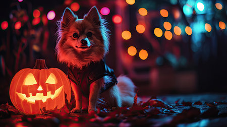 A fluffy dog in a fearsome demon costume with a tail, sitting beside a glowing jack-o'-lantern, with colorful Halloween lights in the background.の素材