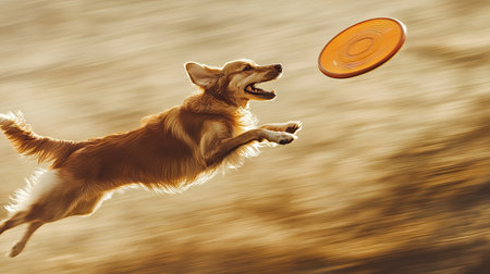 Close-up action shot of a dog mid-air, about to catch a frisbee with its paws reaching out and focus intense.の素材