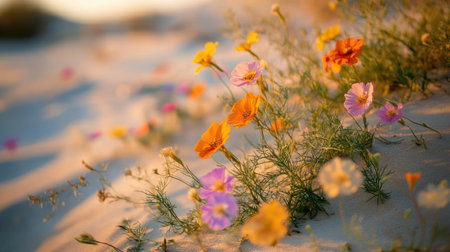 A close-up shot of colorful desert wildflowers blooming amid the sand, showcasing the beauty and resilience of life in arid conditions.の素材