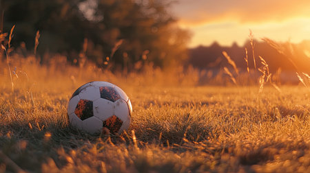 A soccer ball lying on a field during the golden hour, with soft light illuminating the grass and creating a peaceful atmosphere.の素材