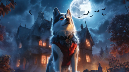 A fluffy husky in a Dracula costume standing in front of a haunted house, with a full moon and bats in the background, creating a spooky atmosphere.の素材