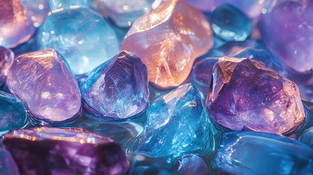 Close-up of polished gemstones in vibrant blues and purples, reflecting light in a visually striking composition.の素材