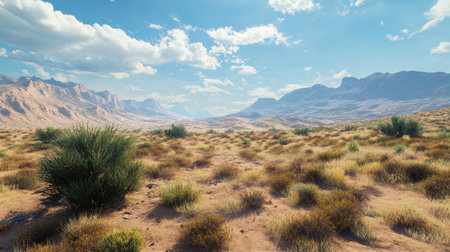 A wide-angle view of a desert plateau, dotted with hardy vegetation, showcasing the stark beauty of life in a harsh environment.の素材