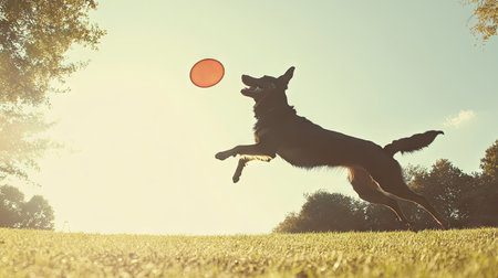 Athletic dog leaping high to catch a frisbee, its body fully extended, with a grassy park and clear sky in the background.の素材