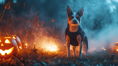 Dog in a spooky demon costume, standing proudly on a grassy patch, with fog and glowing jack-o'-lanterns illuminating the scene.の素材