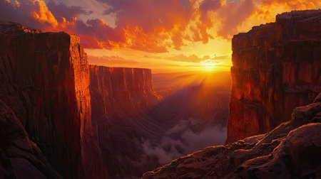 A dramatic sunset over a desert canyon, with vibrant colors reflecting off the rocky walls and casting deep shadows in the crevices.の素材