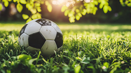 Close-up of a classic black and white soccer ball resting on lush green grass, with soft sunlight filtering through leaves above.の素材