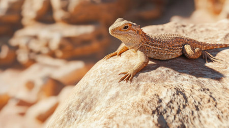 A close-up of a lizard basking on a sun-soaked rock in the desert, showcasing the intricate details of its scales and the surrounding sand.の素材