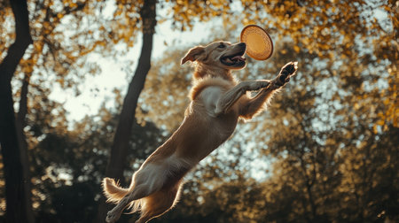 Determined dog jumping to grab a frisbee, its body fully stretched in a dramatic action shot, against a background of trees.の素材