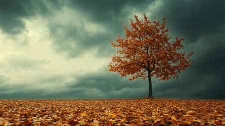 A lone tree with autumn leaves, set against a dramatic sky, surrounded by a blanket of fallen leaves, showcasing the beauty of nature.の素材
