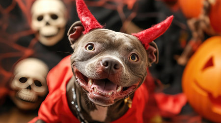 Cute dog in a devil costume with a mischievous grin, standing in front of a spooky Halloween display with cobwebs and skulls.の素材