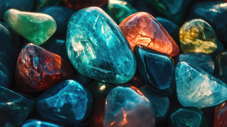 A pile of smooth, polished colored stones in various shades of blue, green, and red, glistening under soft light.の素材