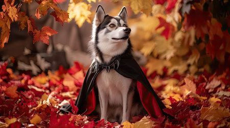 A fluffy husky with a Dracula cape and fangs, sitting among colorful autumn leaves and Halloween-themed props, showcasing its playful spirit.の素材