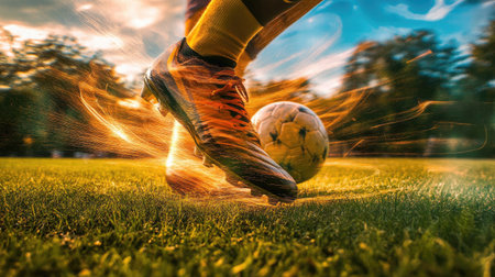 Close-up of a cleated foot striking the soccer ball on a grassy field, with motion blur to emphasize speed and action.の素材