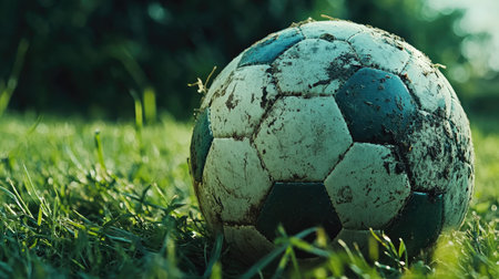 A close-up shot of a worn soccer ball on grass, showing scuff marks and dirt, highlighting the joy of countless games played.の素材