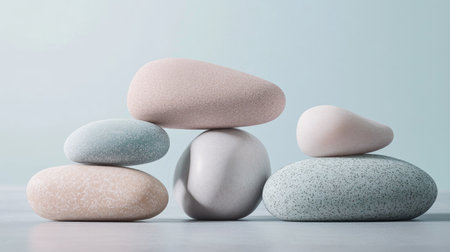 Collection of multi-colored stones in soft pastels, displayed against a minimalist backdrop, creating a calm and soothing aesthetic.の素材
