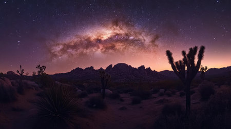 A scenic shot of a desert landscape under a starry night sky, with the Milky Way visible and silhouetted cacti in the foreground.の素材
