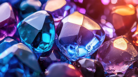 Close-up of polished gemstones in vibrant blues and purples, reflecting light in a visually striking composition.の素材