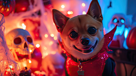 Cute dog in a devil costume with a mischievous grin, standing in front of a spooky Halloween display with cobwebs and skulls.の素材